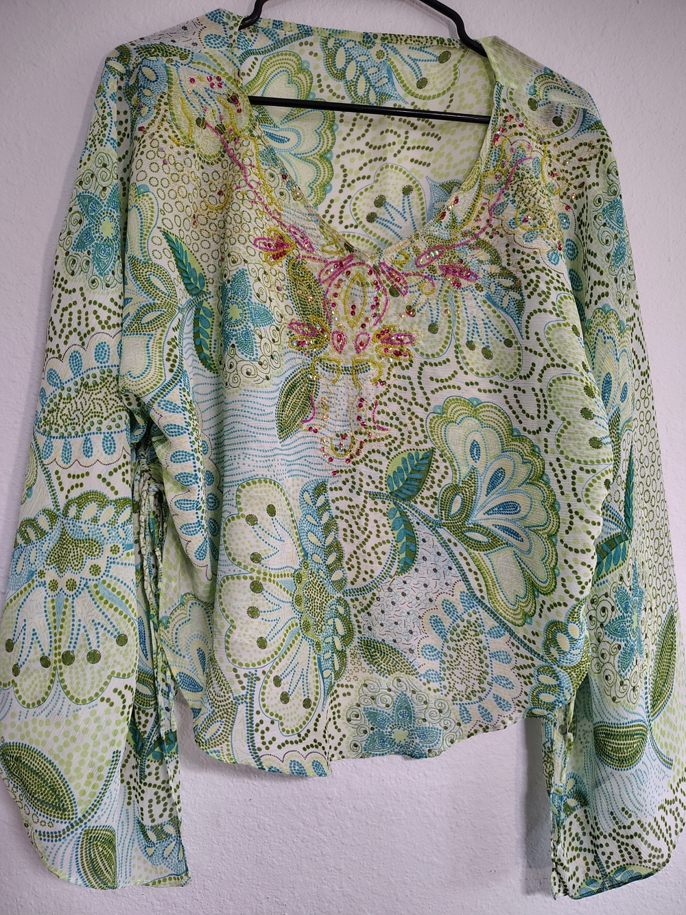 Embroidered V-Neck Floral Tunic Top - Green & Aqua